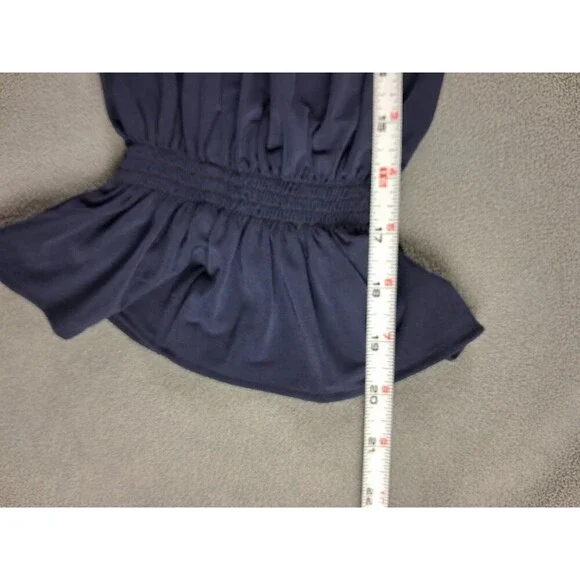 ⭐ Ann Taylor Women’s Navy Blouse Size XS Bell Sleeve Ruffle Scoop Neck - Picture 7 of 9